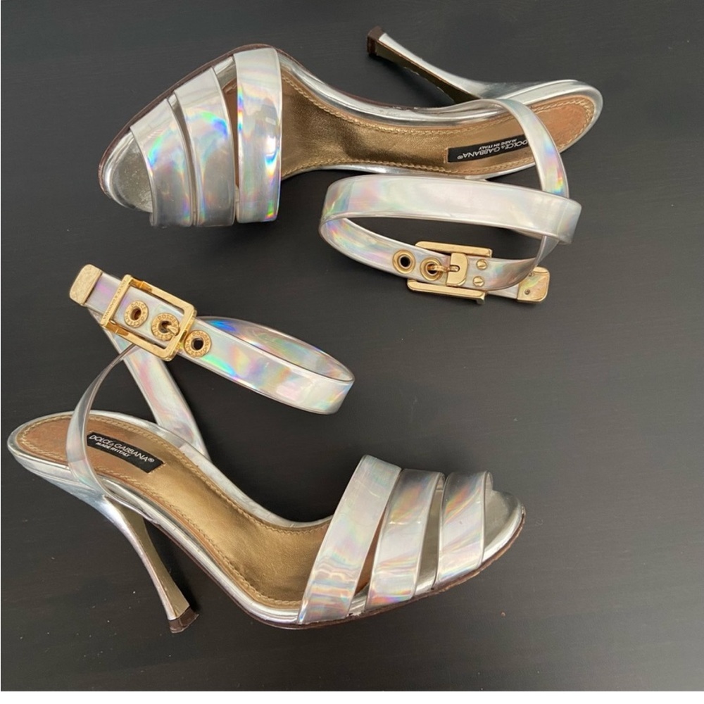 Dolce & Gabbana Iridescent Silver Ankle Strap Sandal Heels